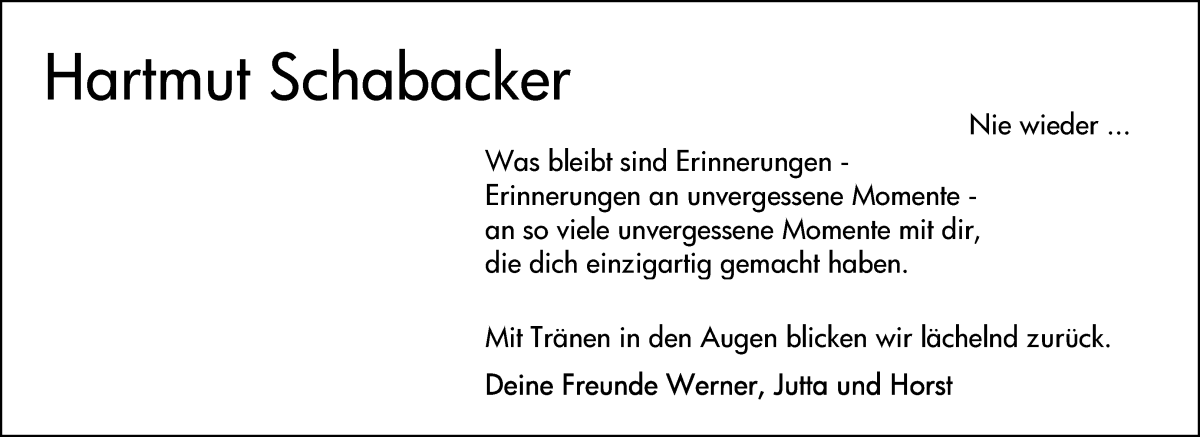 Traueranzeige von Hartmut Schabacker von WESER-KURIER
