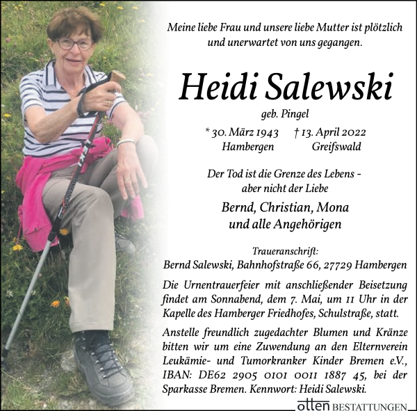 Traueranzeige von Heidi Salewski von Osterholzer Kreisblatt
