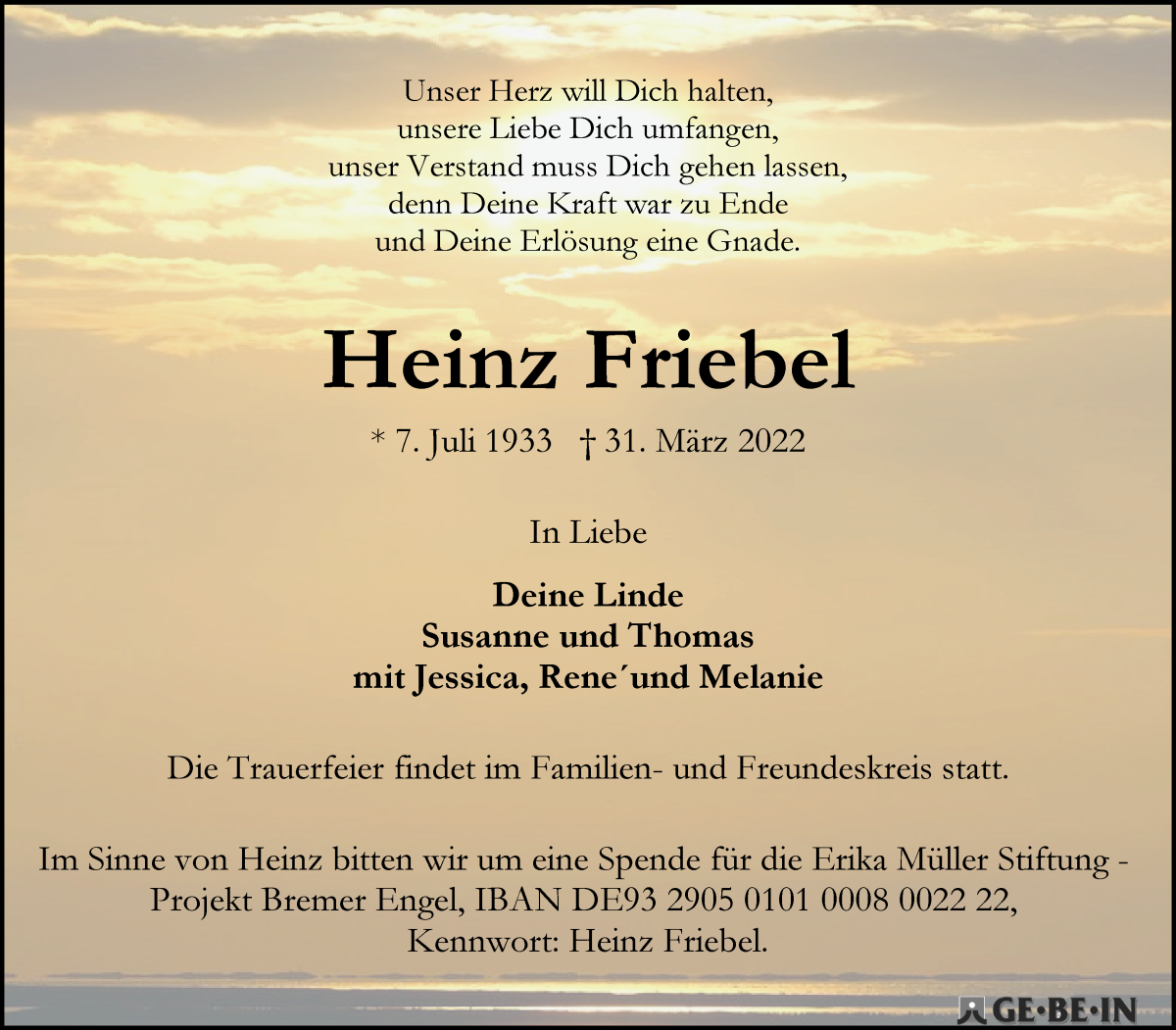 Traueranzeige von Heinz Friebel von WESER-KURIER
