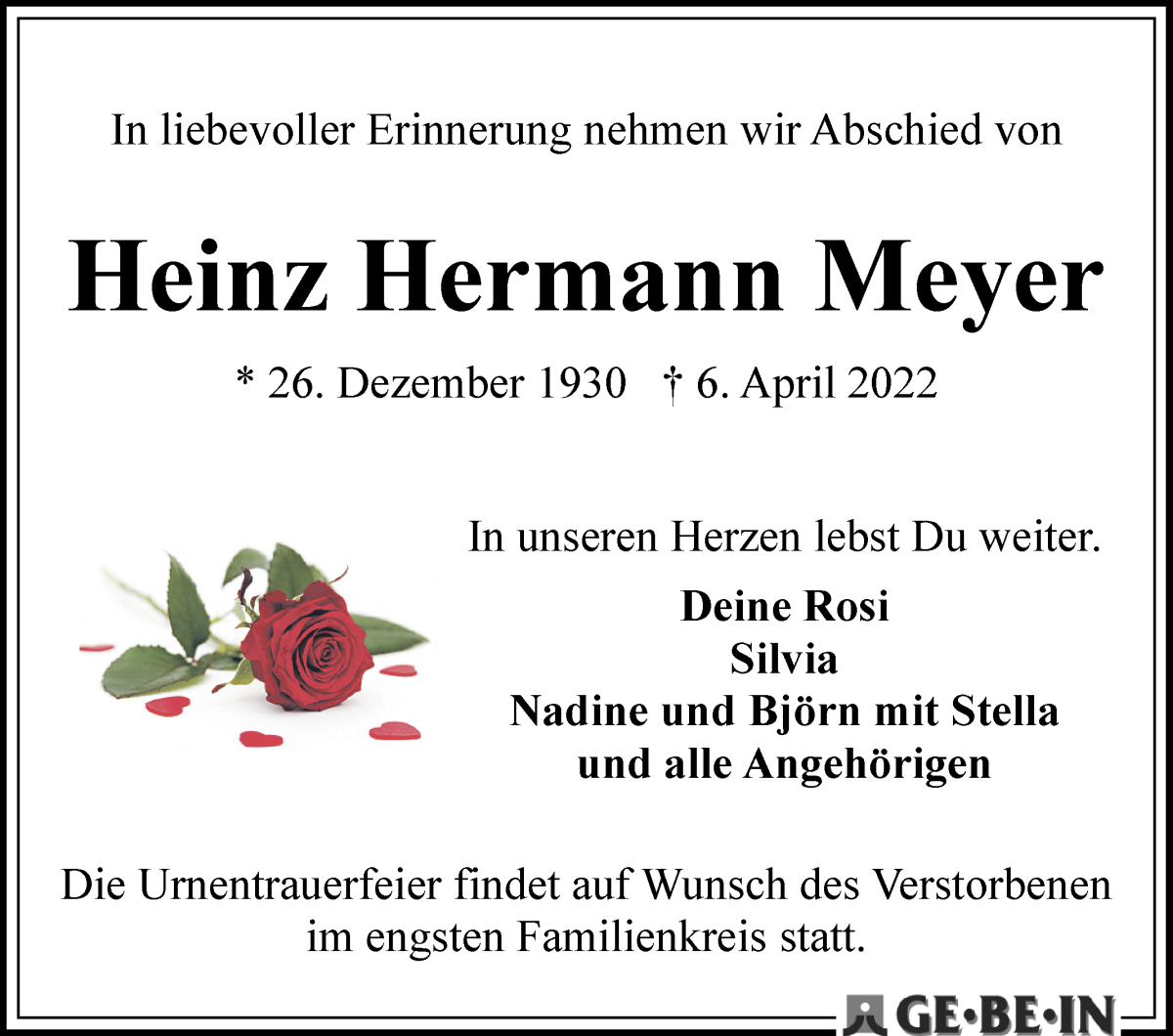 Traueranzeige von Heinz Hermann Meyer von WESER-KURIER