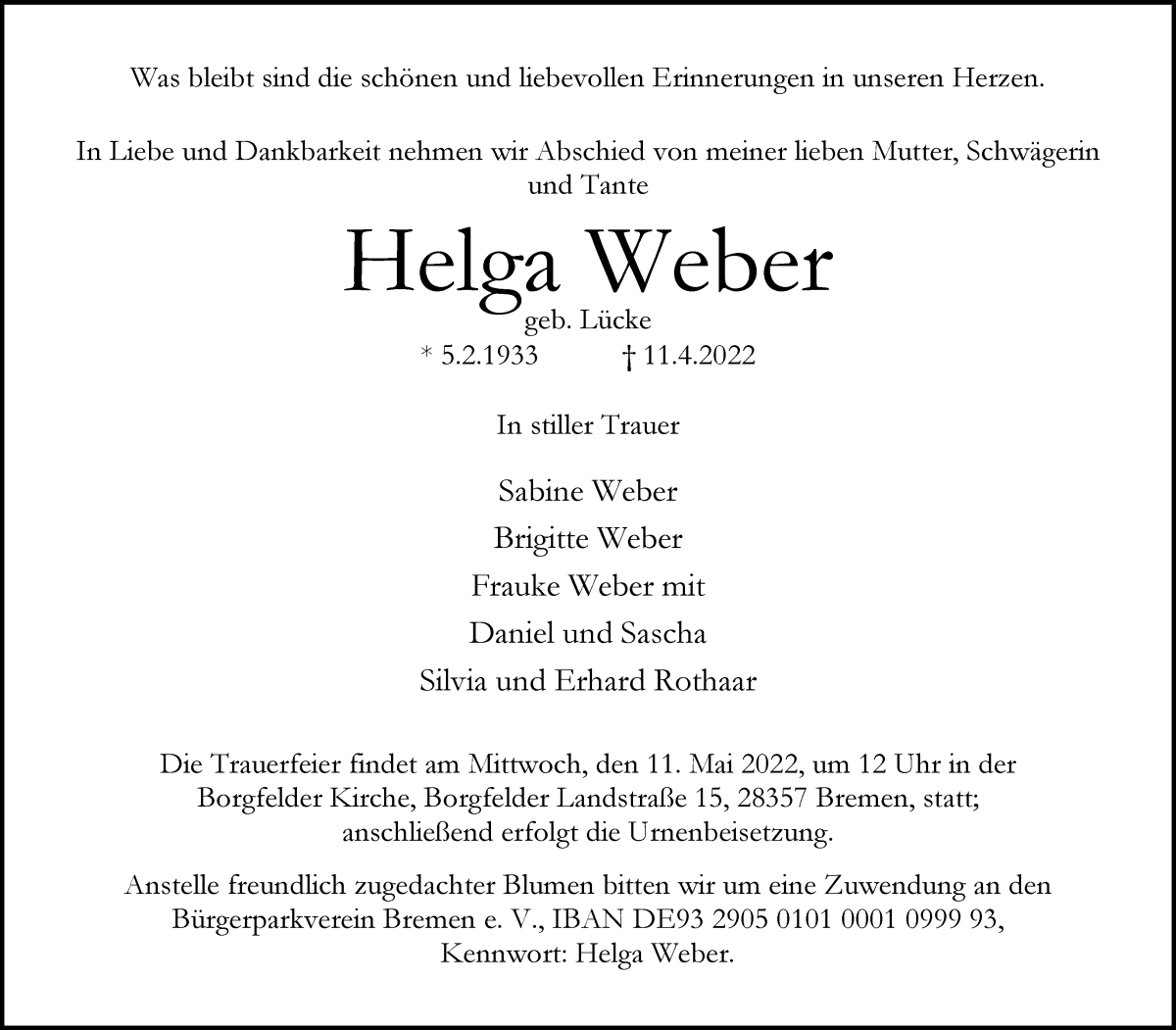 Traueranzeige von Helga Weber von Wuemme Zeitung