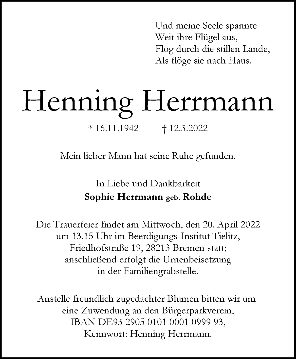 Traueranzeige von Henning Herrmann von WESER-KURIER