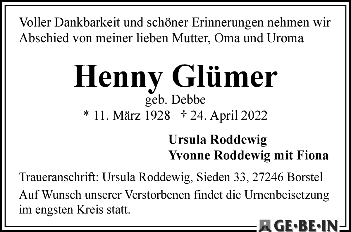 Traueranzeige von Henny Glümer von WESER-KURIER