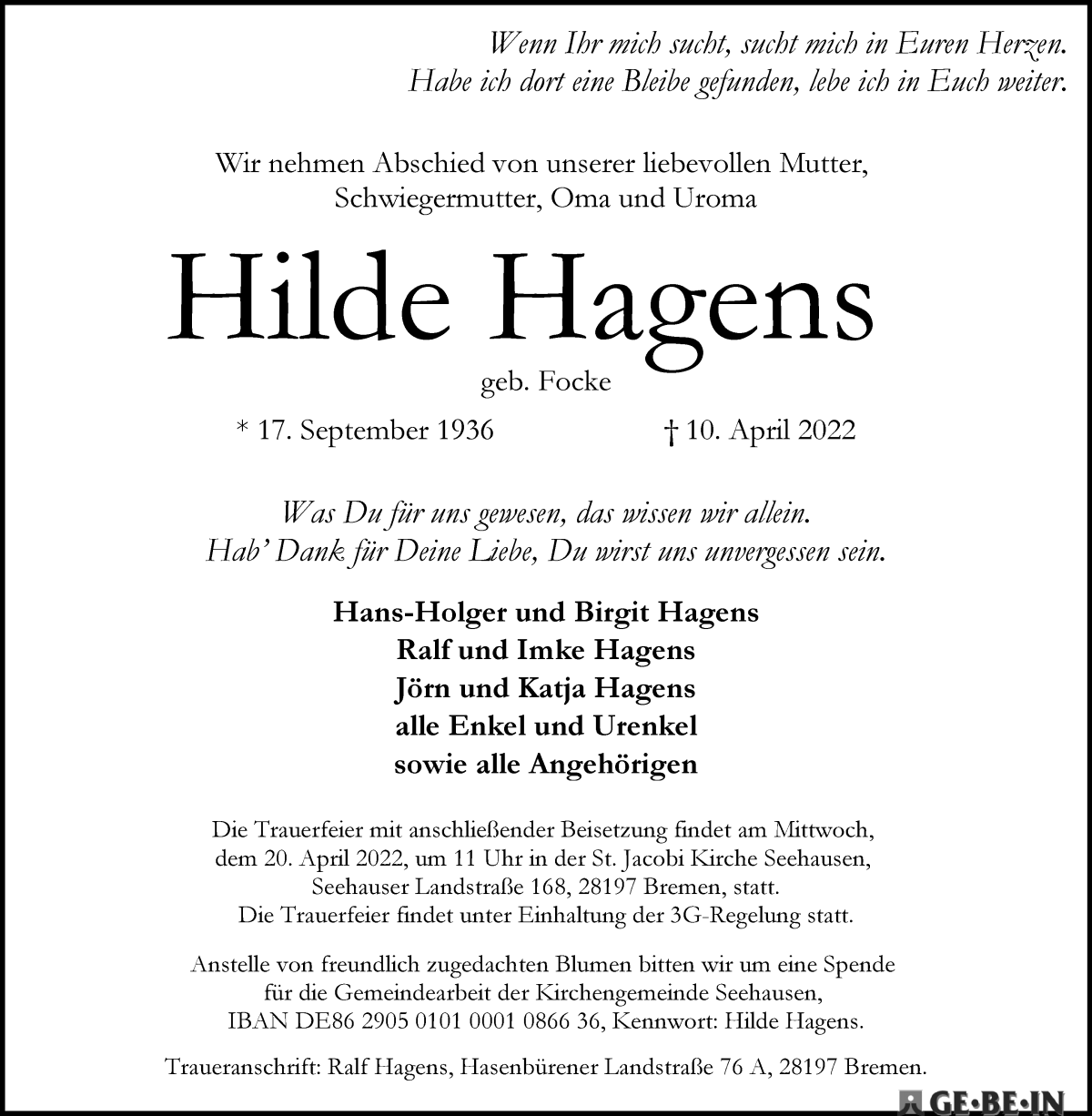 Traueranzeige von Hilde Hagens von WESER-KURIER