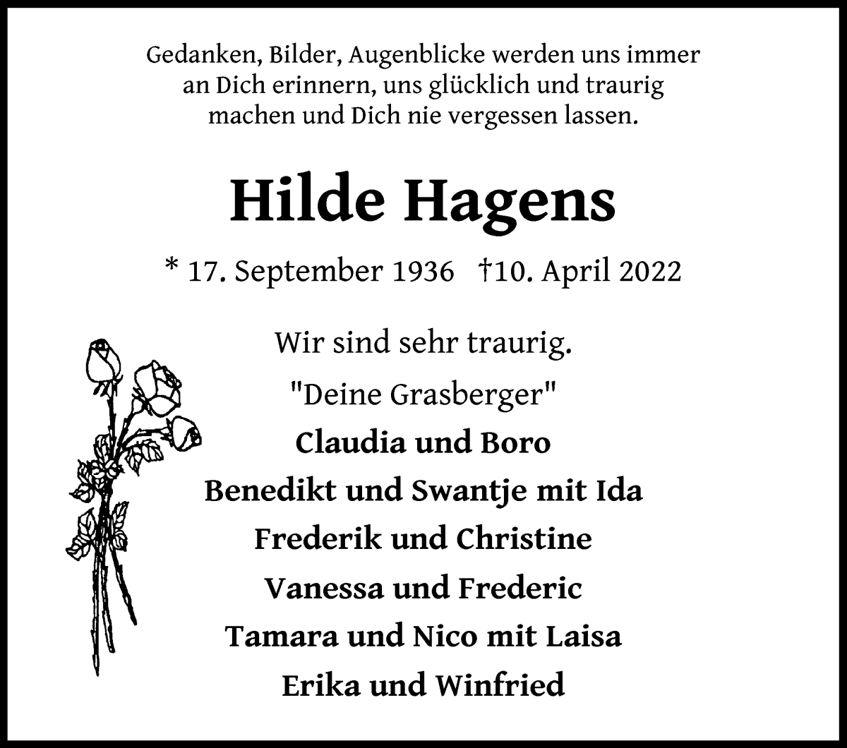 Traueranzeige von Hilde Hagens von WESER-KURIER