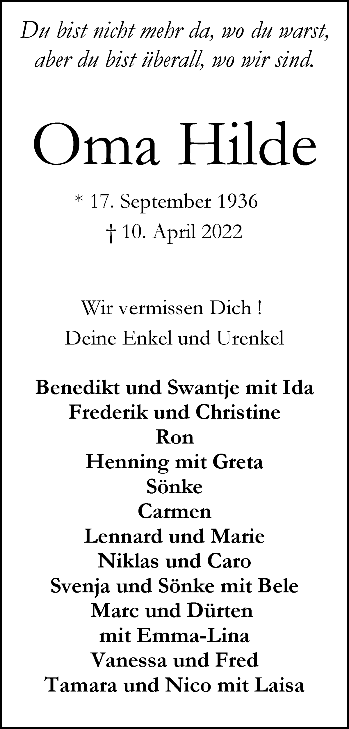 Traueranzeige von Hilde Hagens von WESER-KURIER