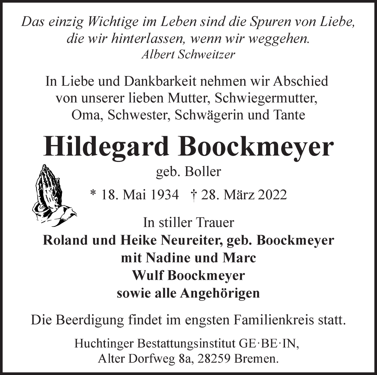 Traueranzeige von Hildegard Boockmeyer von WESER-KURIER