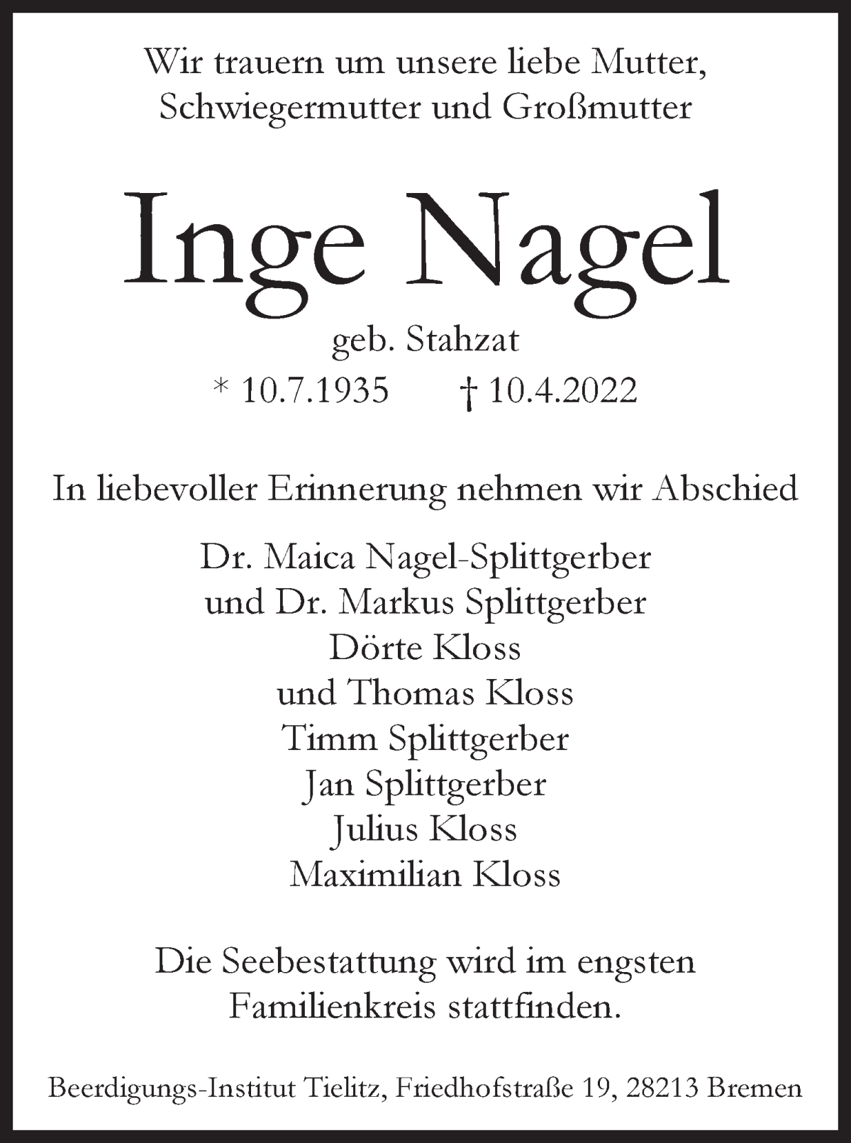 Traueranzeige von Inge Nagel von WESER-KURIER