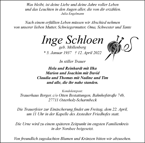 Traueranzeige von Inge Schloen von Osterholzer Kreisblatt