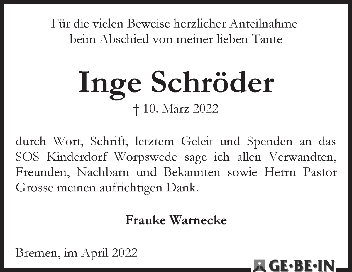 Traueranzeige von Inge Schröder von WESER-KURIER