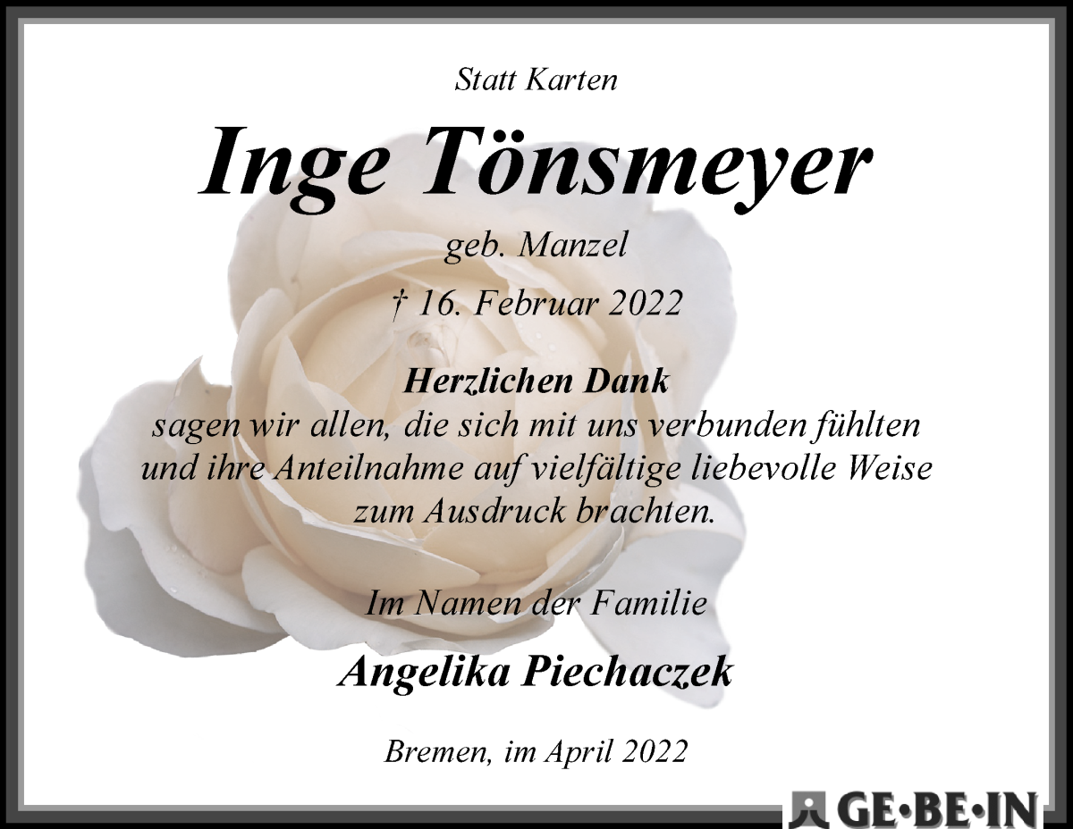 Traueranzeige von Inge Tönsmeyer von WESER-KURIER