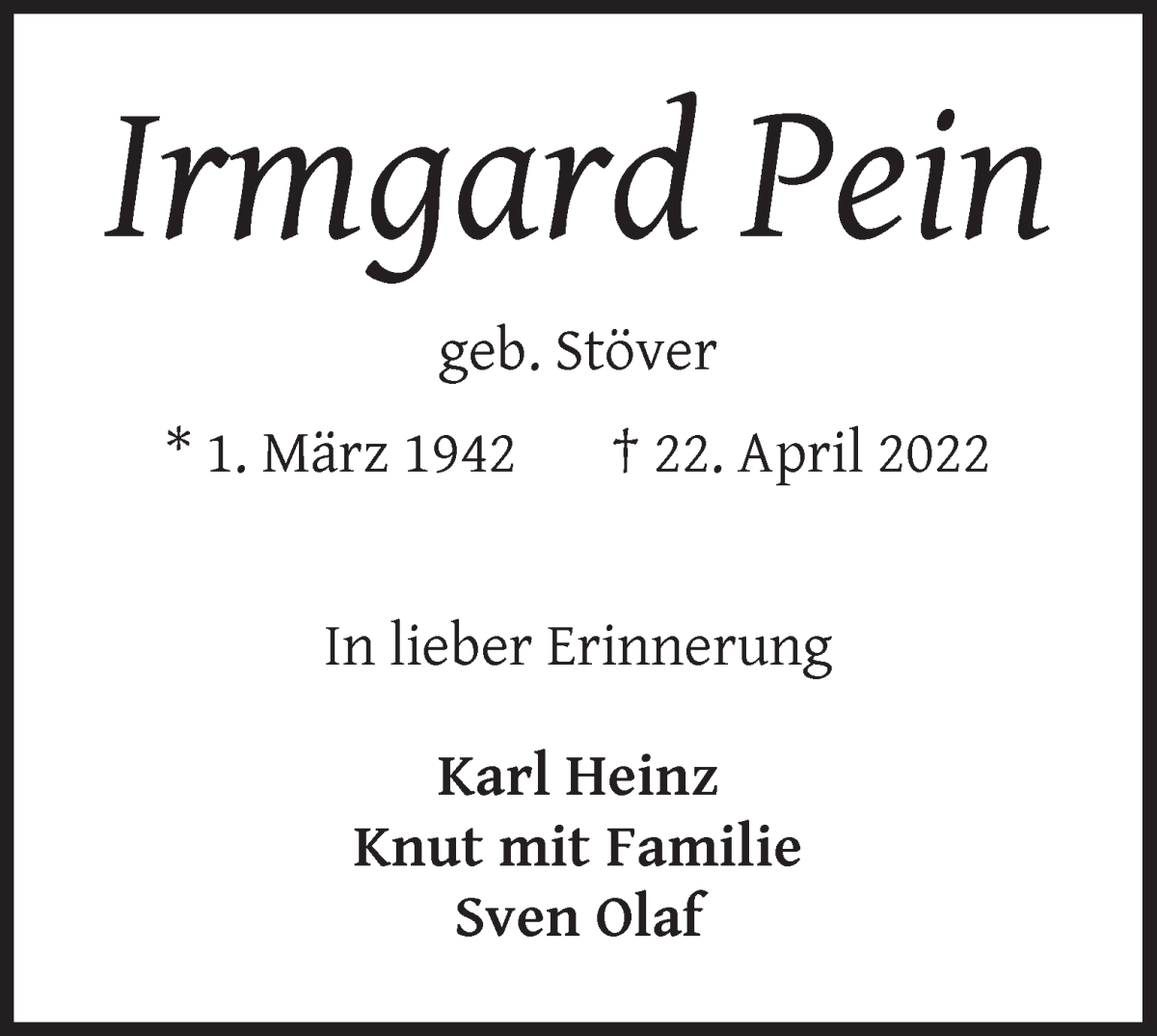 Traueranzeige von Irmgard Pein von WESER-KURIER