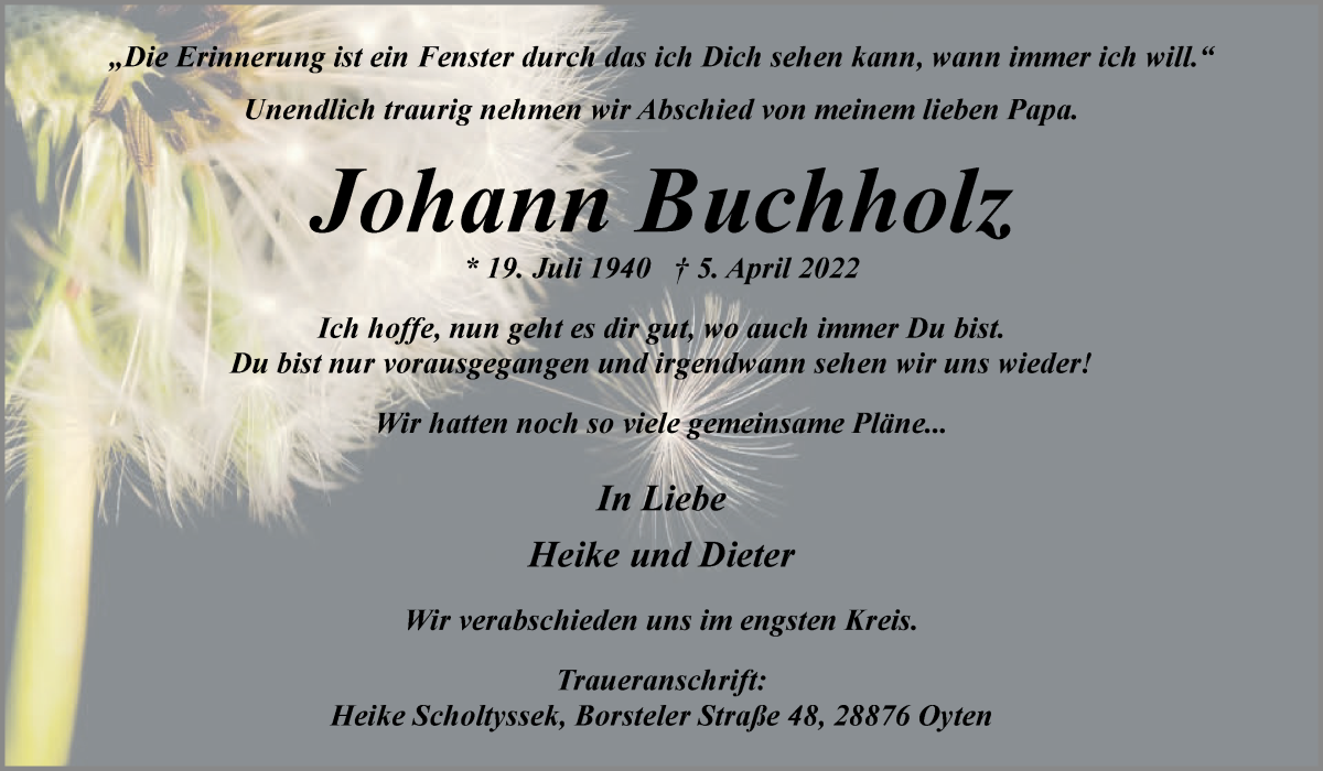 Traueranzeige von Johann Buchholz von WESER-KURIER