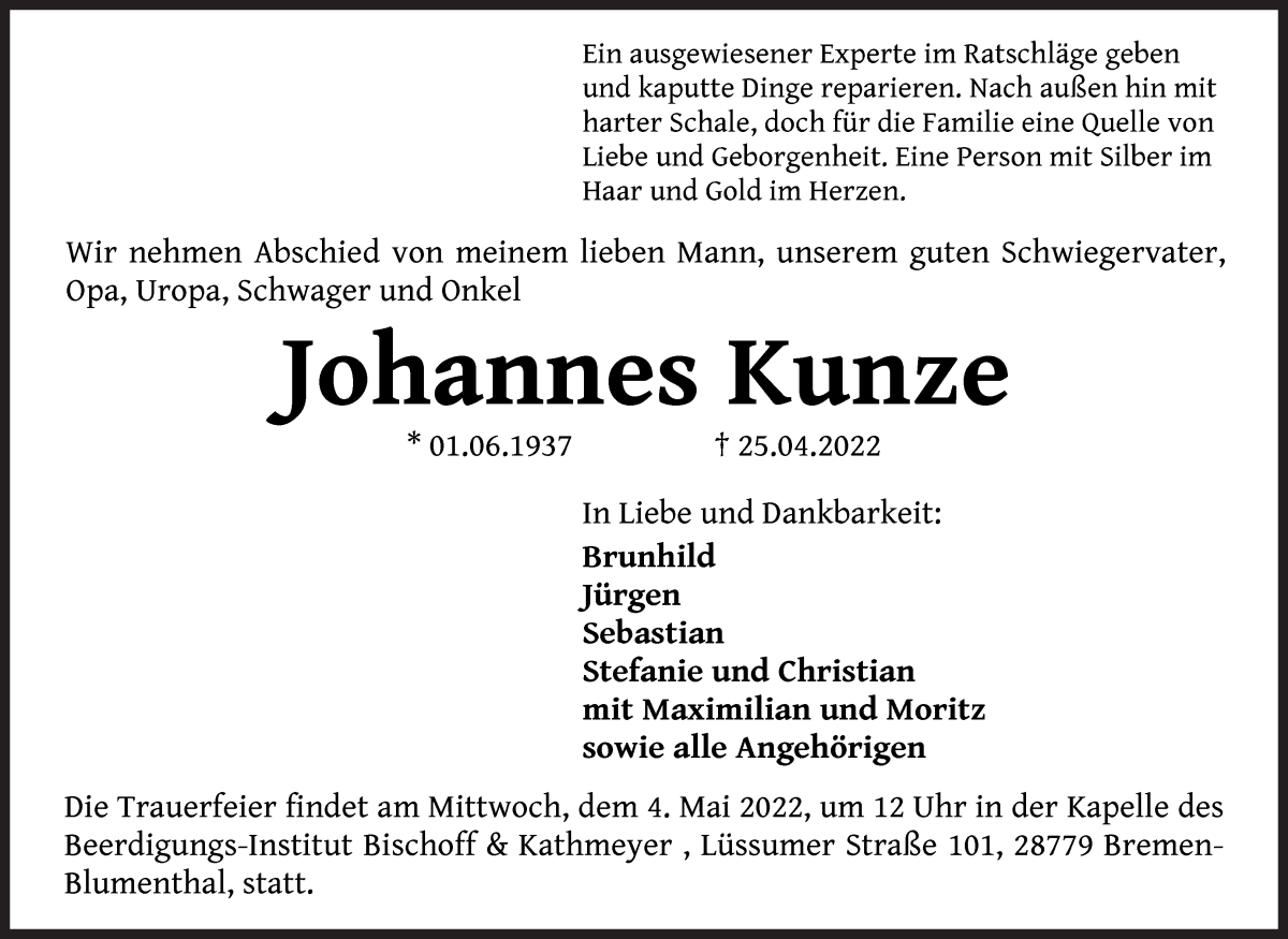 Traueranzeige von Johannes Kunze von Die Norddeutsche