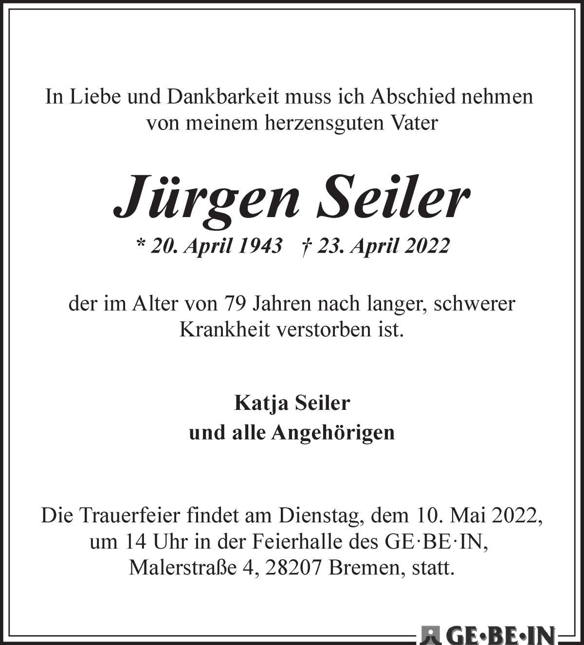Traueranzeige von Jürgen Seiler von WESER-KURIER