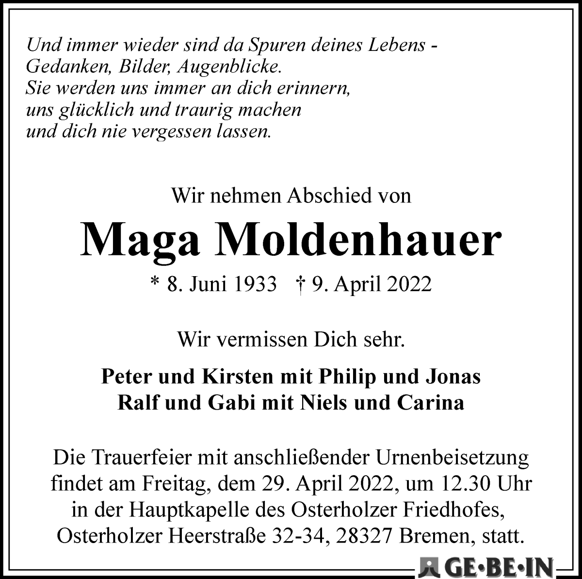 Traueranzeige von Maga Moldenhauer von WESER-KURIER