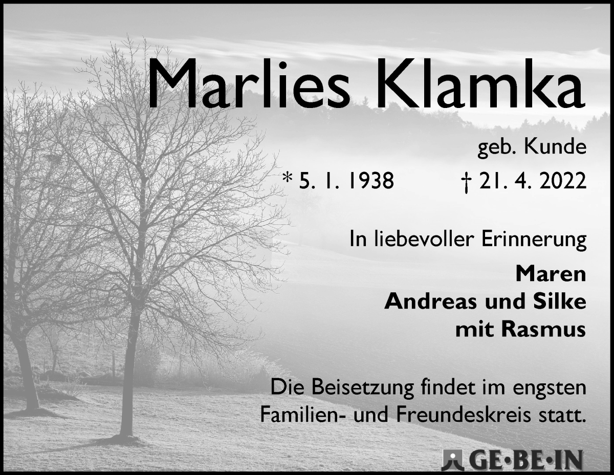 Traueranzeige von Marlies Klamka von WESER-KURIER