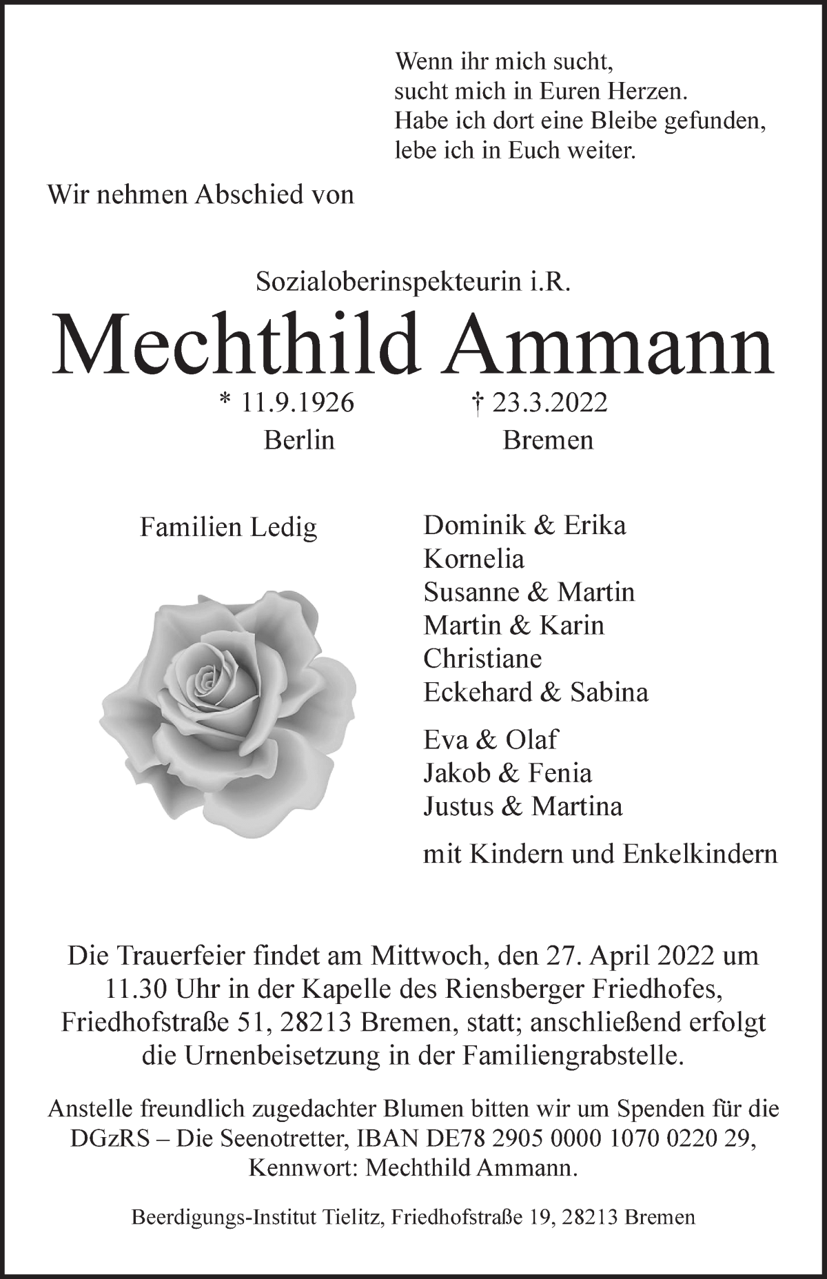 Traueranzeige von Mechthild Ammann von WESER-KURIER