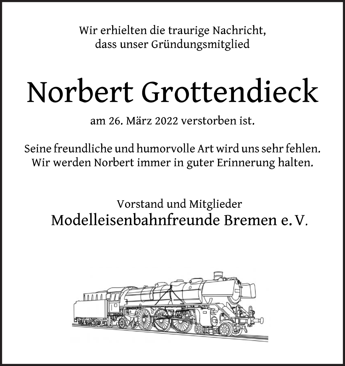 Traueranzeige von Norbert Grottendieck von Die Norddeutsche