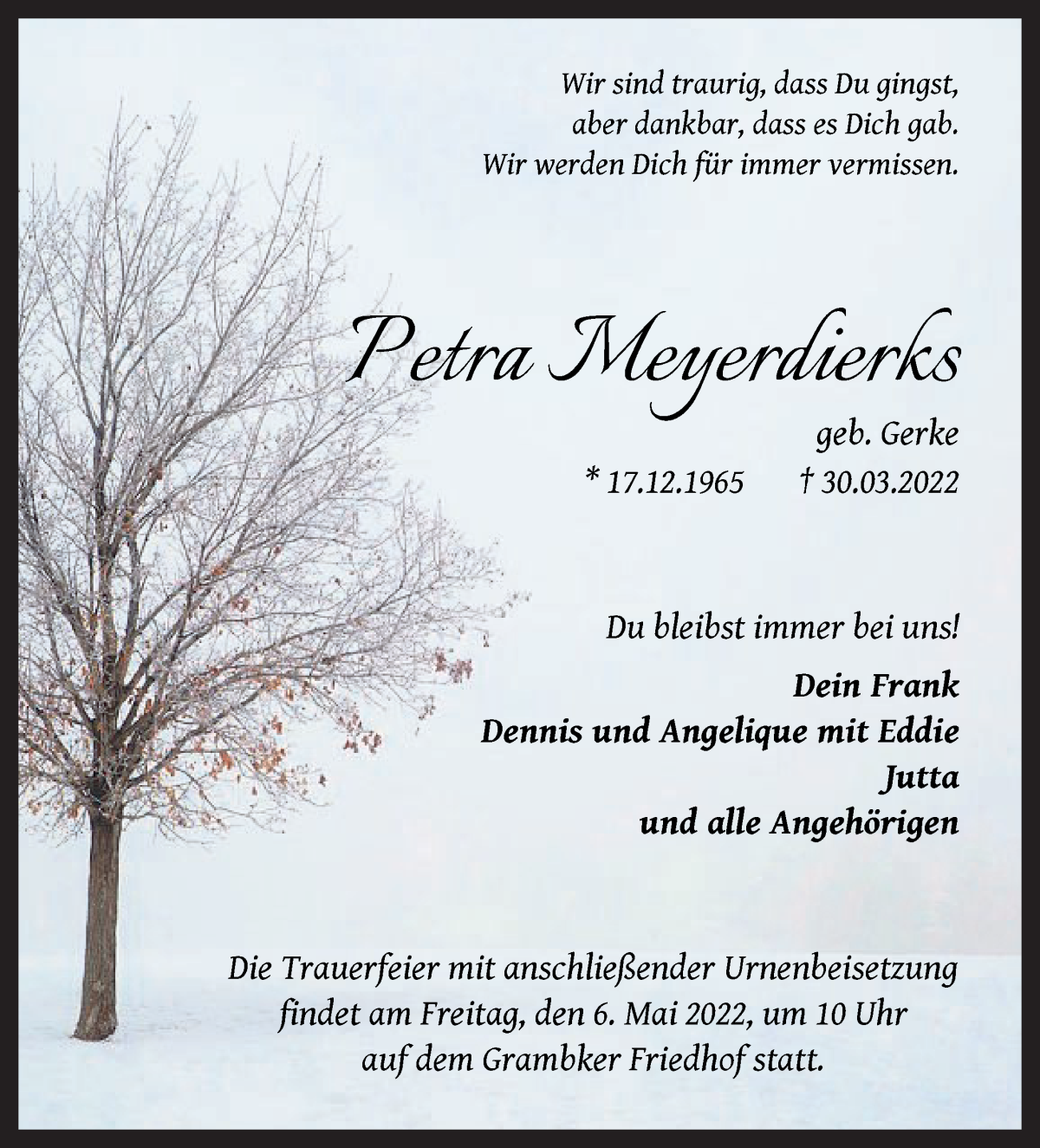 Traueranzeige von Petra Meyerdierks von WESER-KURIER