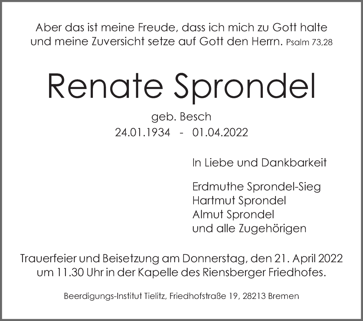 Traueranzeige von Renate Sprondel von WESER-KURIER