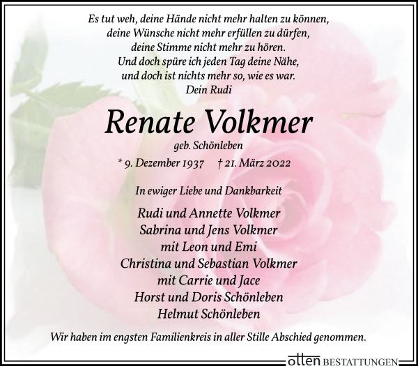 Traueranzeige von Renate Volkmer von Die Norddeutsche