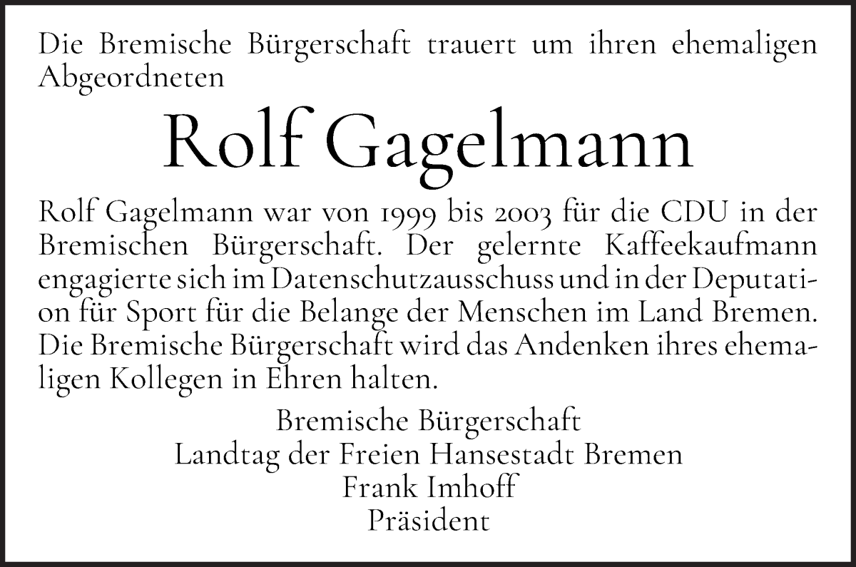Traueranzeige von Rolf Gagelmann von WESER-KURIER