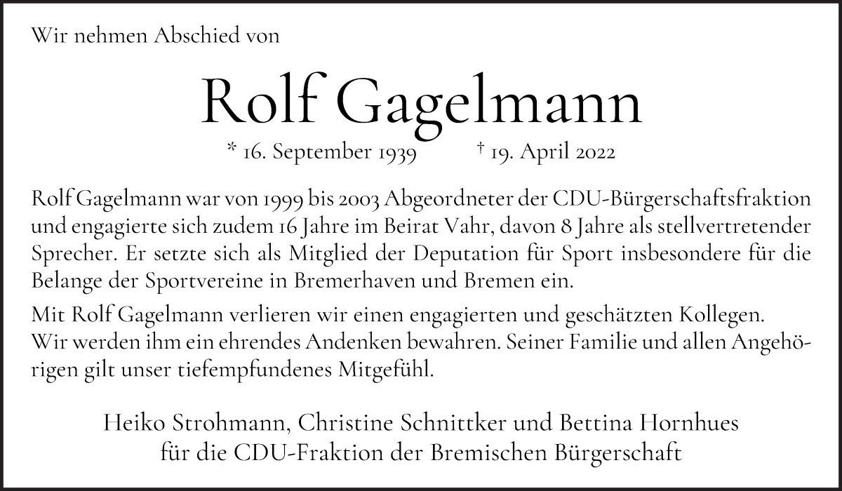 Traueranzeige von Rolf Gagelmann von WESER-KURIER