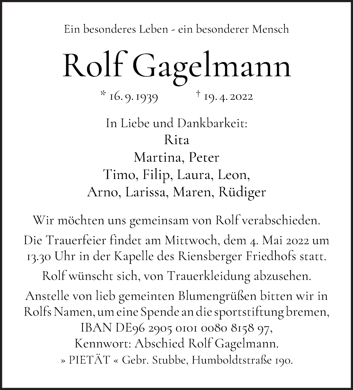 Traueranzeige von Rolf Gagelmann von WESER-KURIER