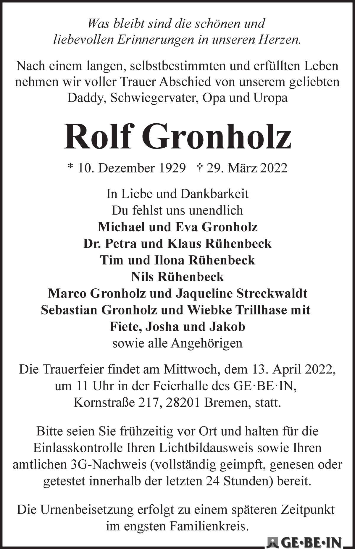 Traueranzeige von Rolf Gronholz von WESER-KURIER