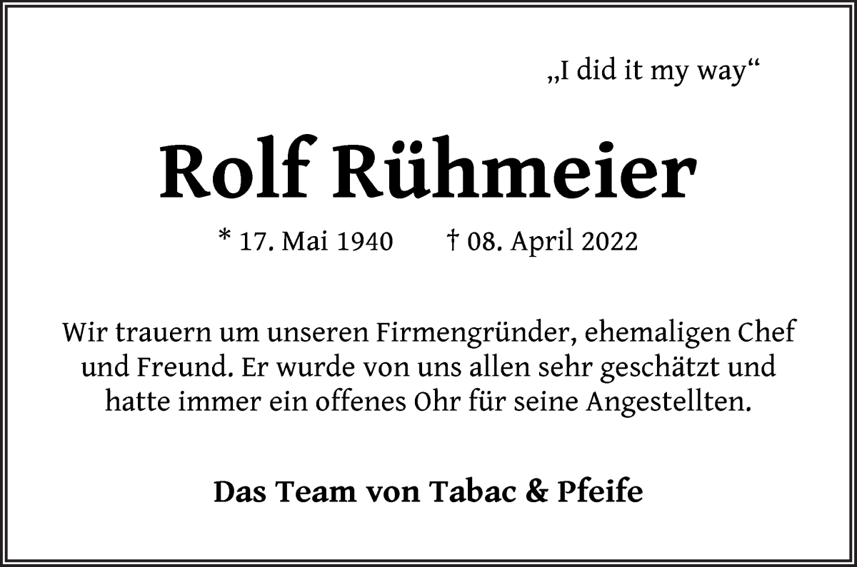 Traueranzeige von Rolf Rühmeier von WESER-KURIER