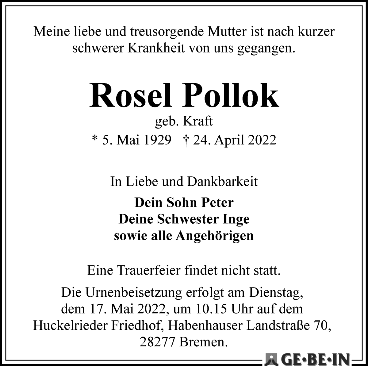 Traueranzeige von Rosel Pollok von WESER-KURIER