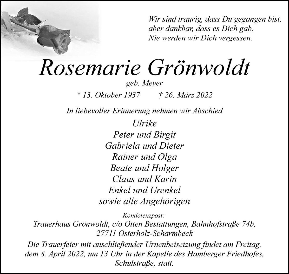 Traueranzeige von Rosemarie Grönwoldt von Osterholzer Kreisblatt