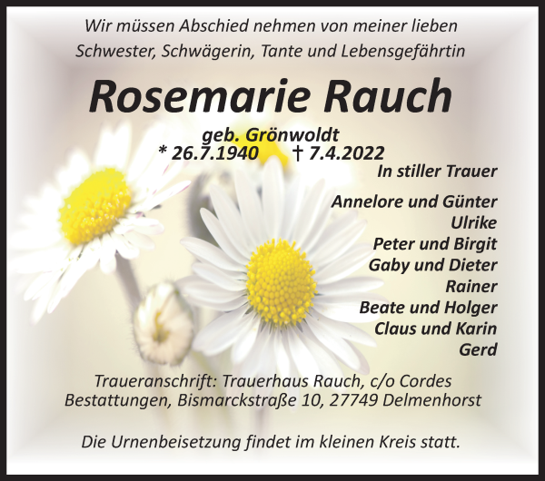 Traueranzeige von Rosemarie Rauch von WESER-KURIER