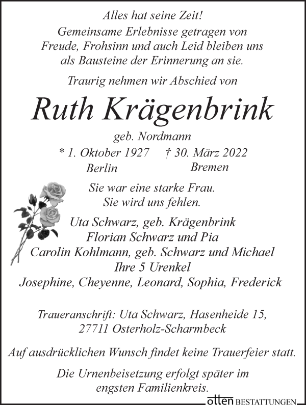 Traueranzeige von Ruth Krägenbrink von WESER-KURIER