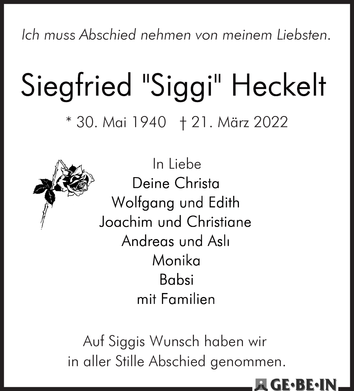 Traueranzeige von Siegfried Heckelt von WESER-KURIER