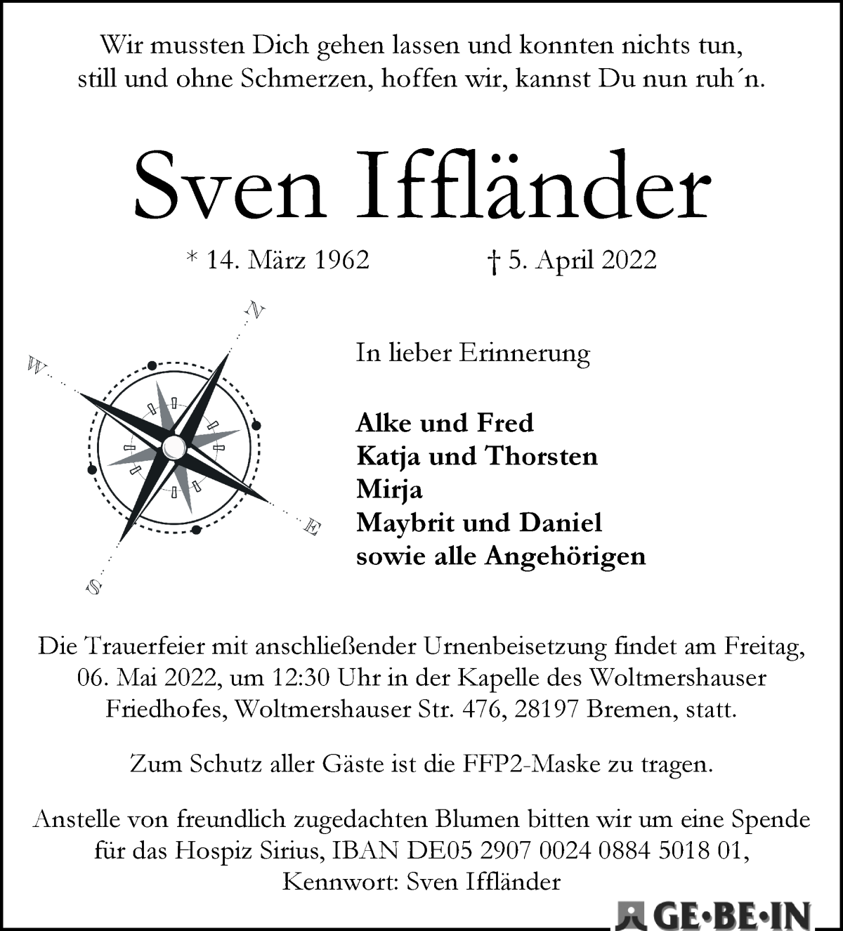 Traueranzeige von Sven Iffländer von WESER-KURIER