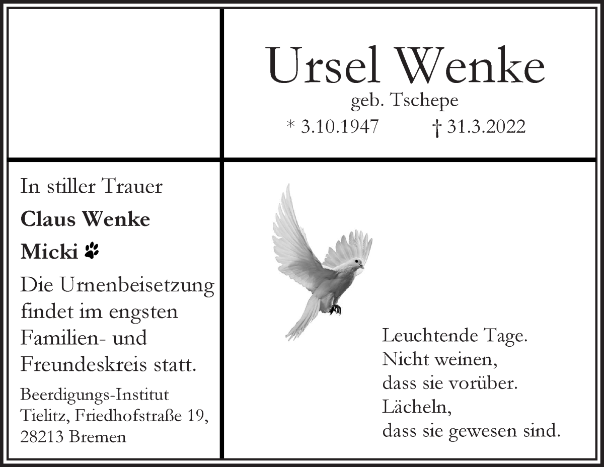 Traueranzeige von Ursel Wenke von WESER-KURIER