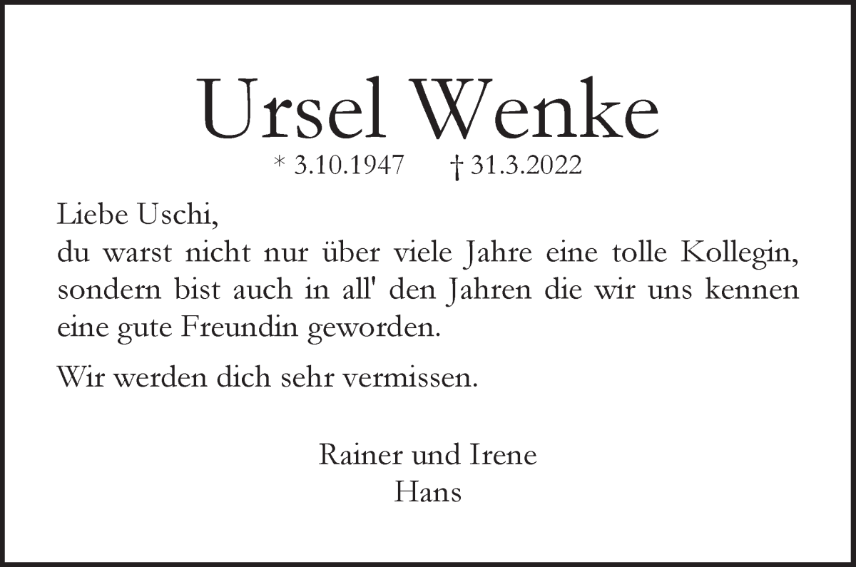 Traueranzeige von Ursel Wenke von WESER-KURIER