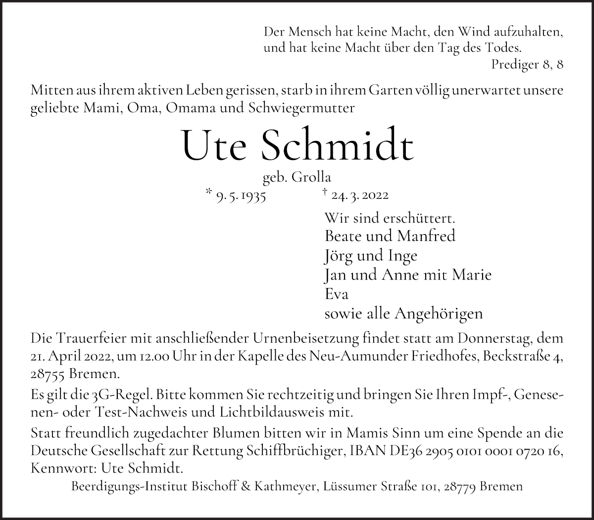 Traueranzeige von Ute Schmidt von Die Norddeutsche