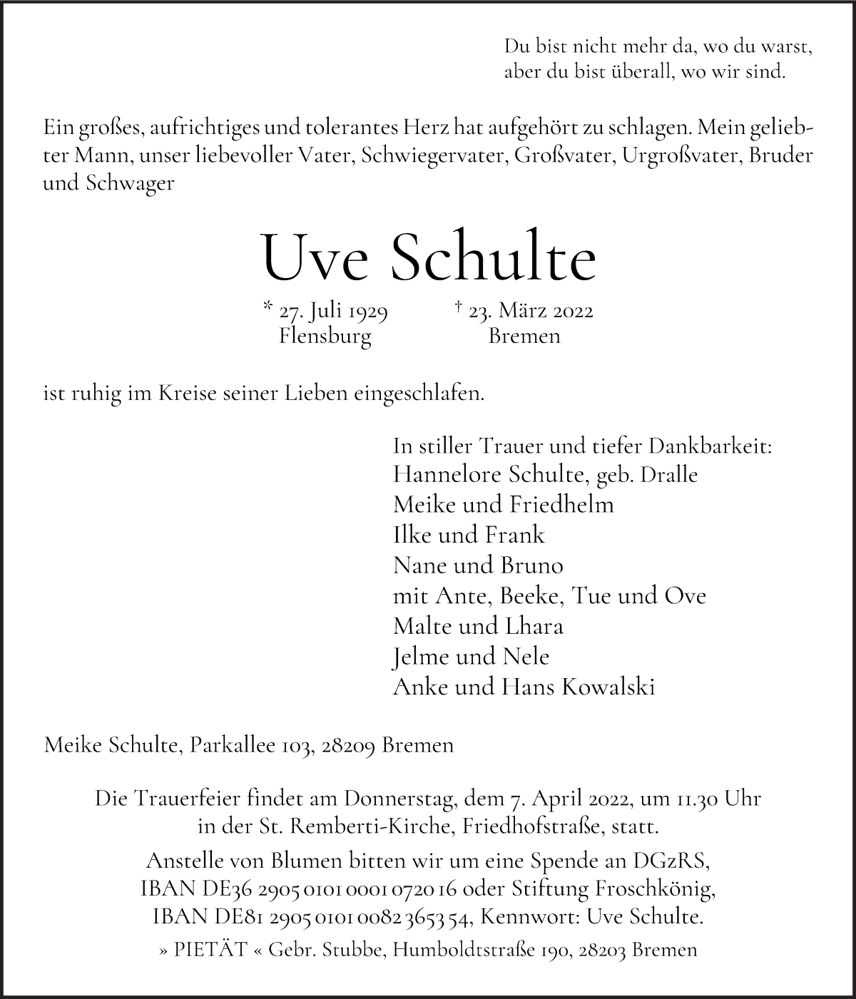 Traueranzeige von Uve Schulte von WESER-KURIER