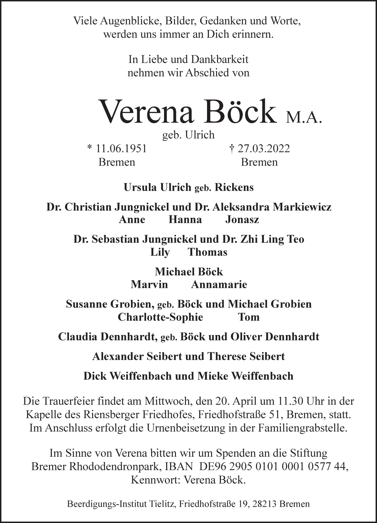 Traueranzeige von Verena Böck von WESER-KURIER
