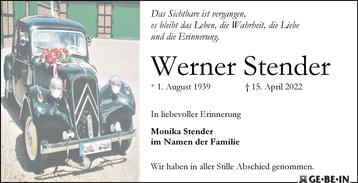Traueranzeige von Werner Stender von WESER-KURIER
