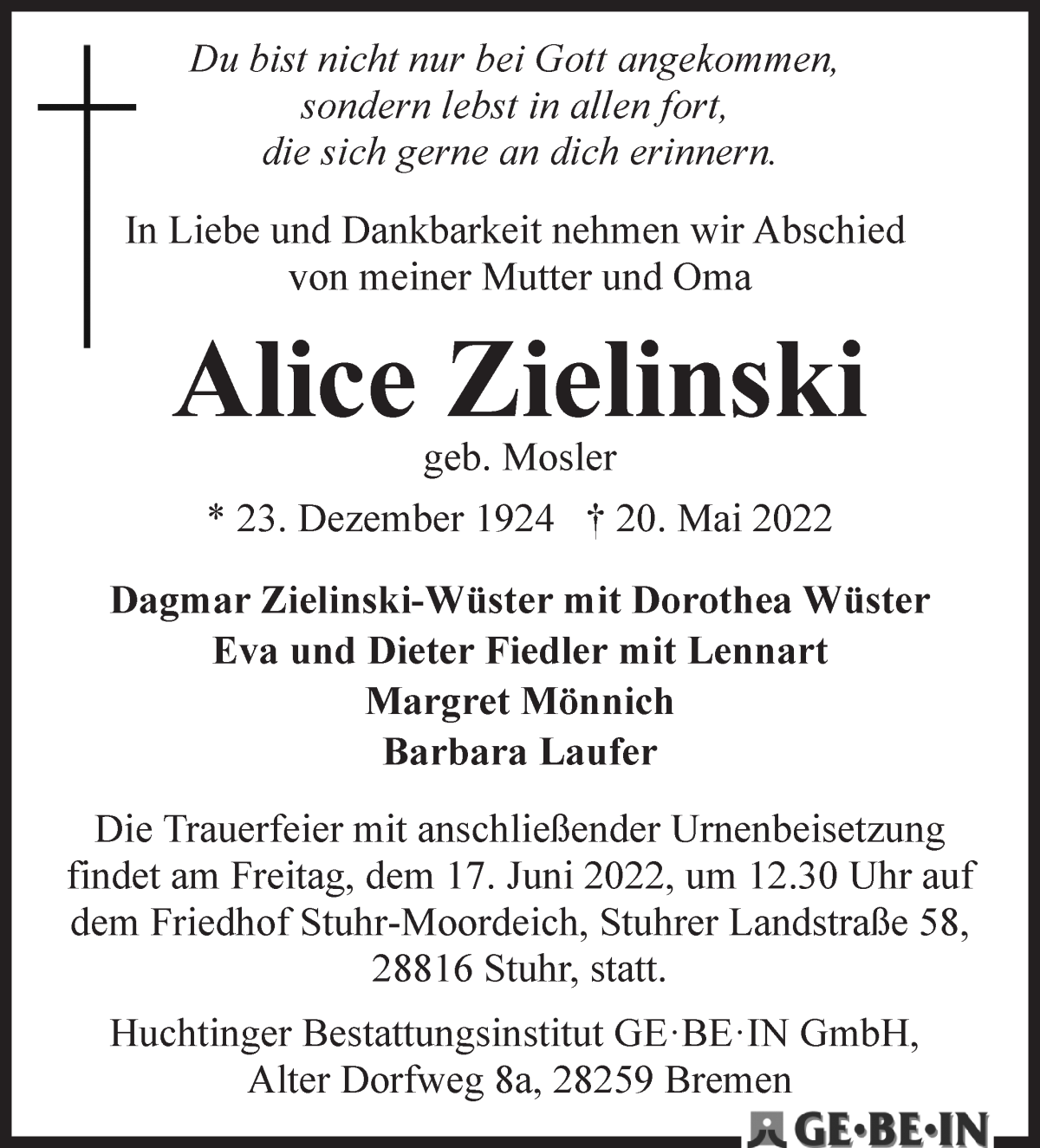 Traueranzeige von Alice Zielinski von WESER-KURIER