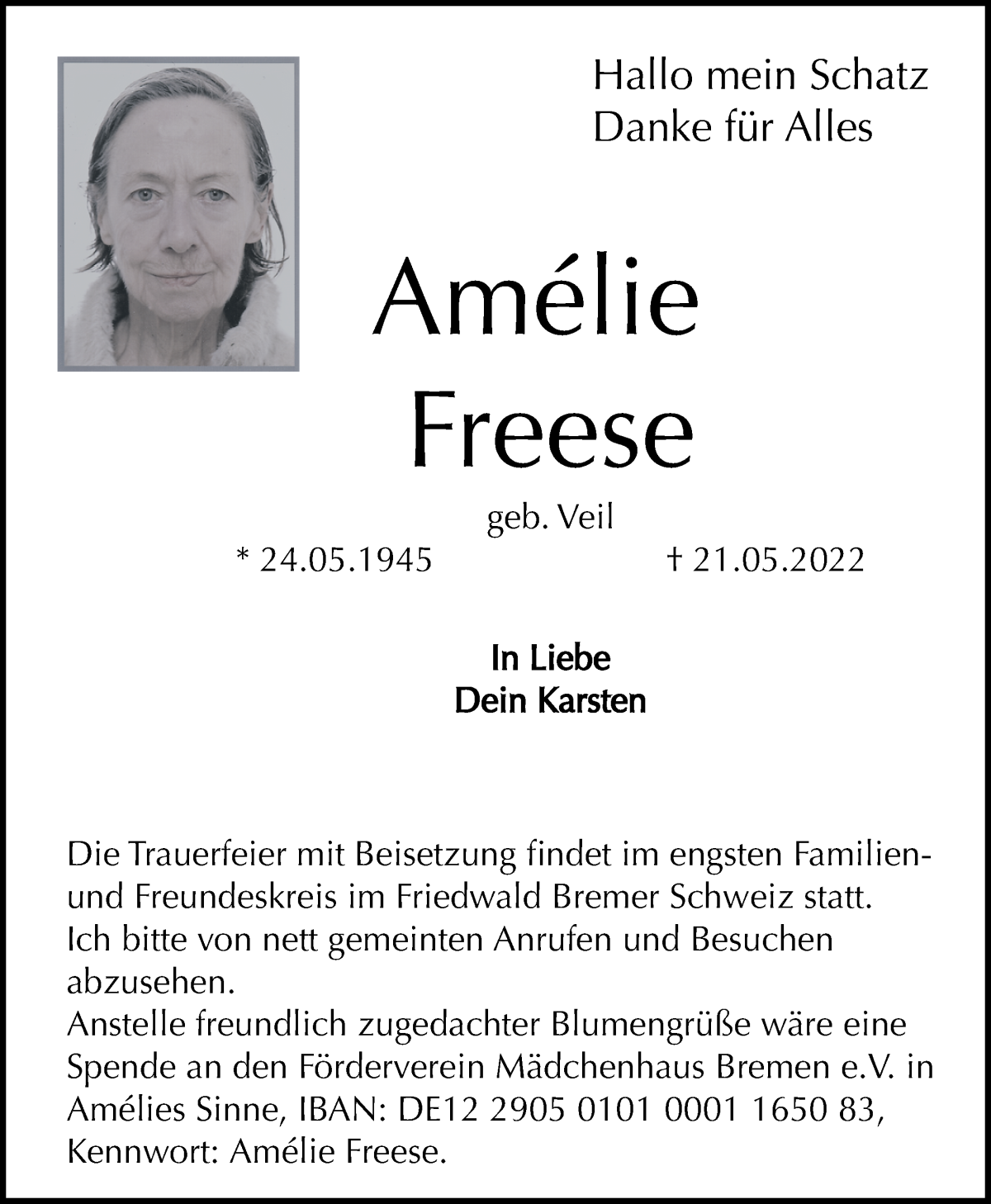 Traueranzeige von Amélie Freese von WESER-KURIER