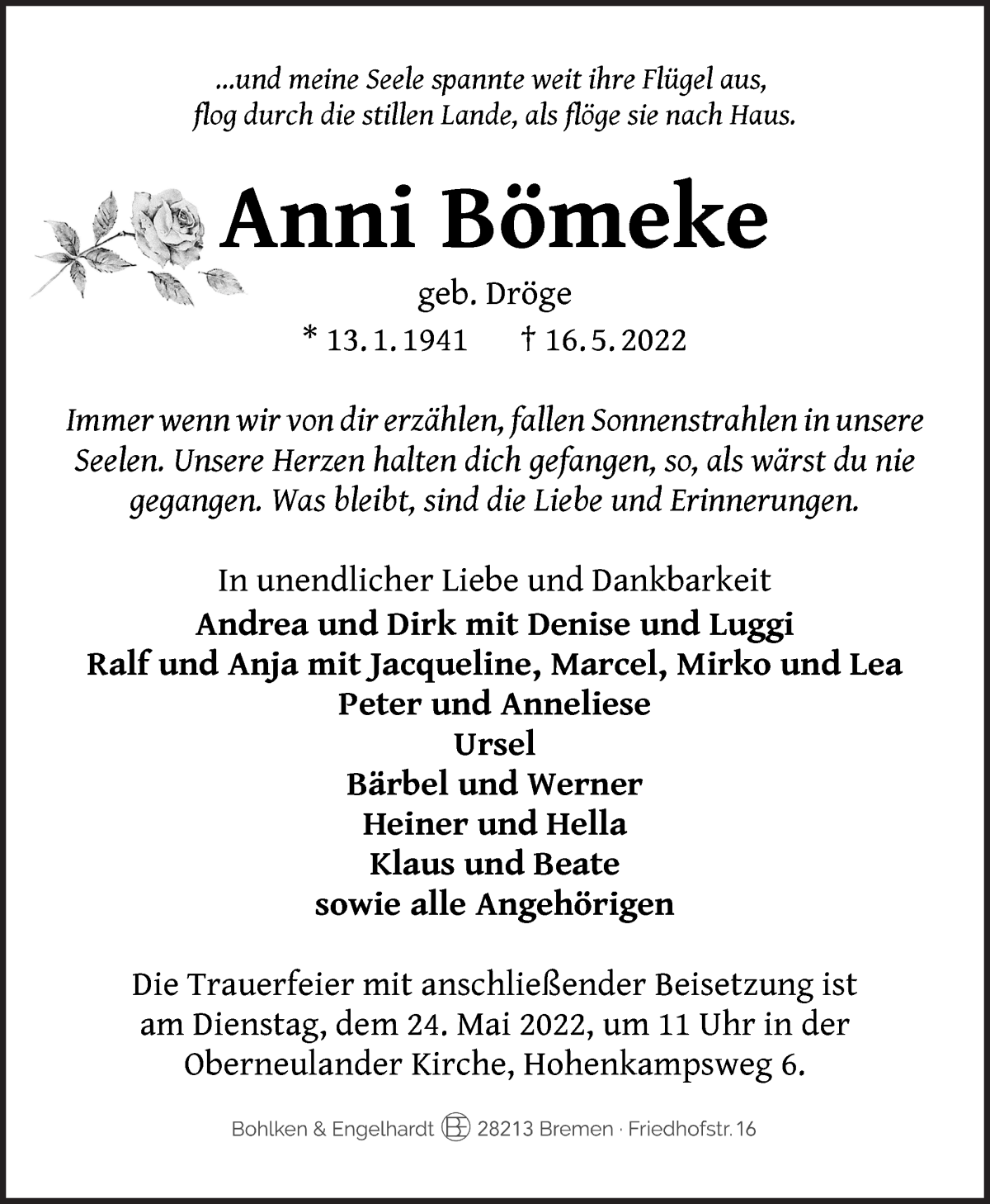 Traueranzeige von Anni Bömeke von WESER-KURIER