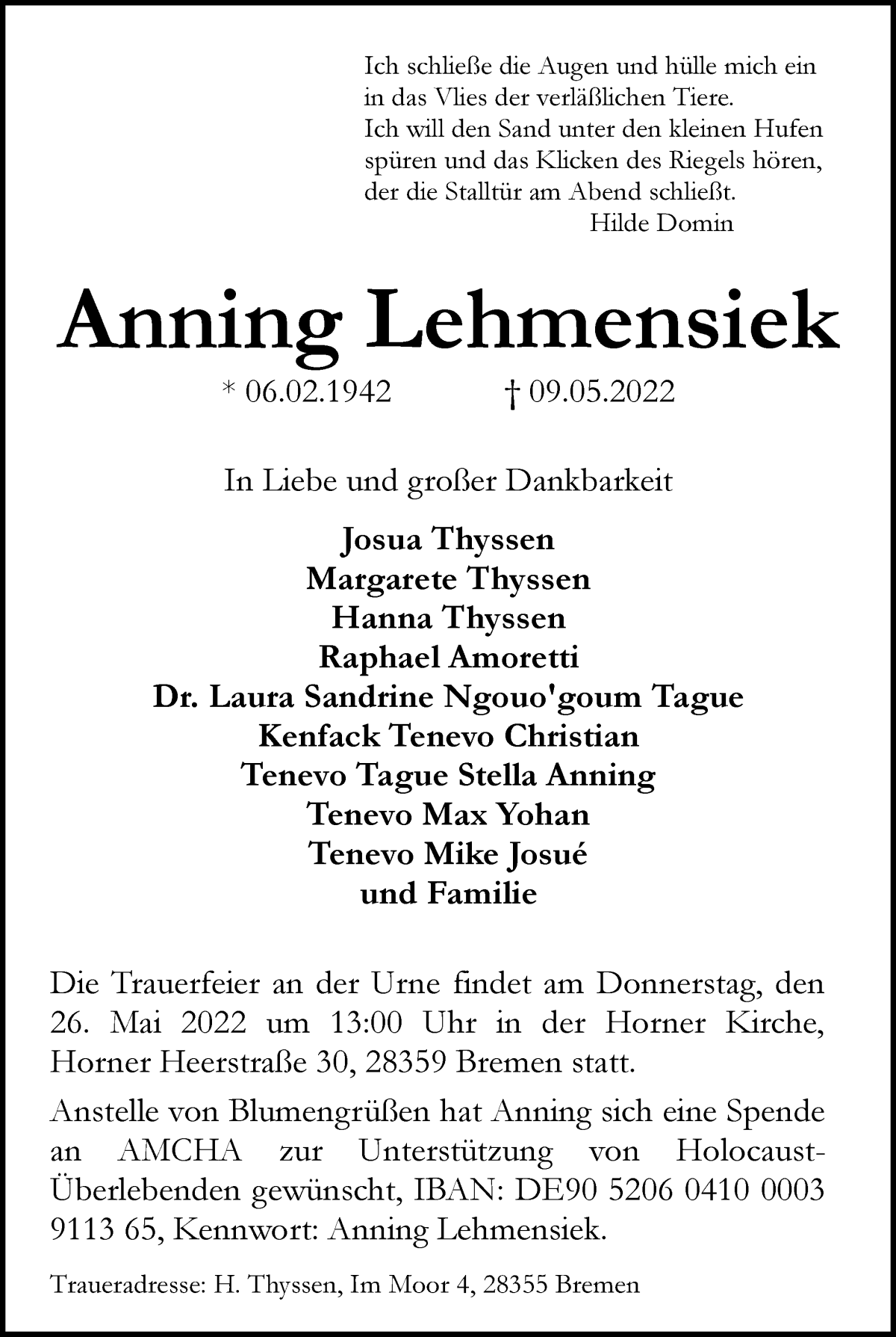 Traueranzeige von Anning Lehmensiek von WESER-KURIER