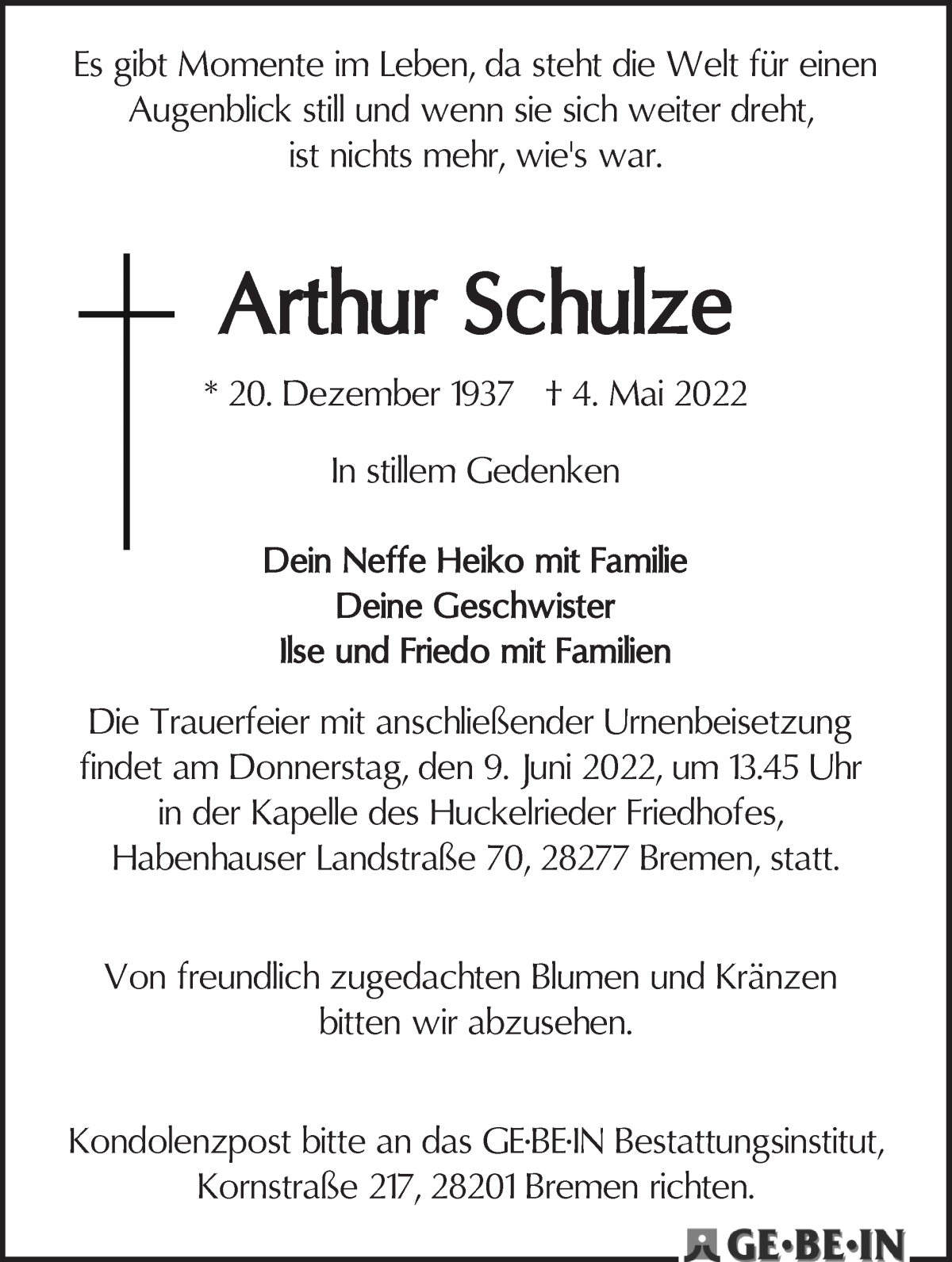 Traueranzeige von Arthur Schulze von WESER-KURIER