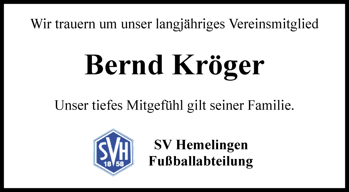 Traueranzeige von Bernd Kröger von WESER-KURIER