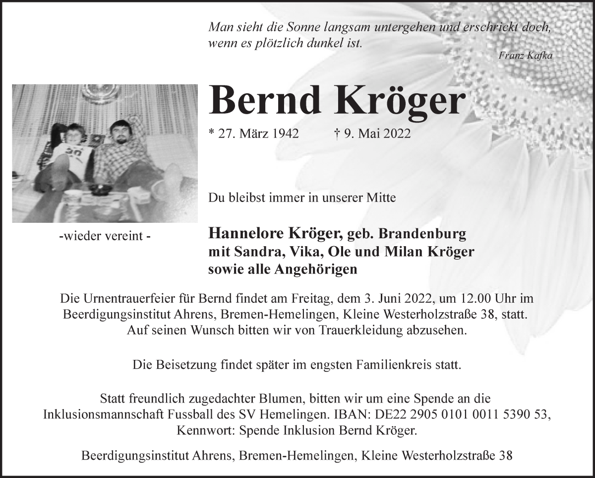 Traueranzeige von Bernd Kröger von WESER-KURIER